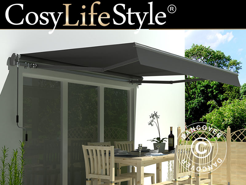 Markise m/manuelt håndsving, 3,95x2,5m, Grå/Gråt stel