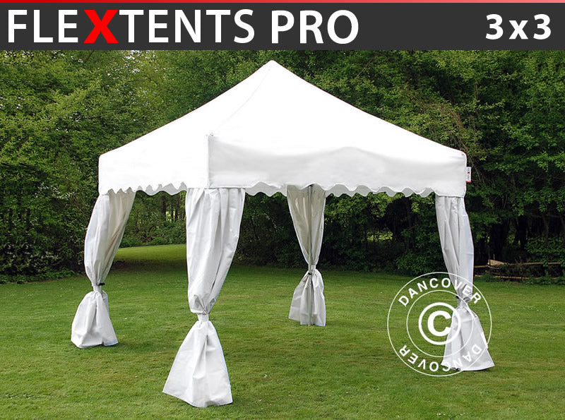 Foldetelt FleXtents PRO "Wave" 3x3m Hvid, inkl. 4 pyntegardiner