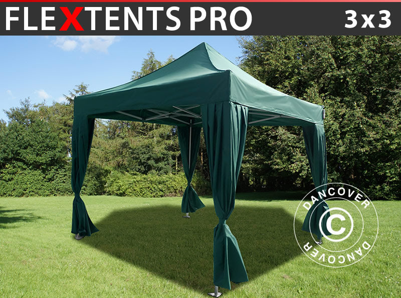 Foldetelt FleXtents PRO 3x3m Grøn, inkl. 4 pyntegardiner