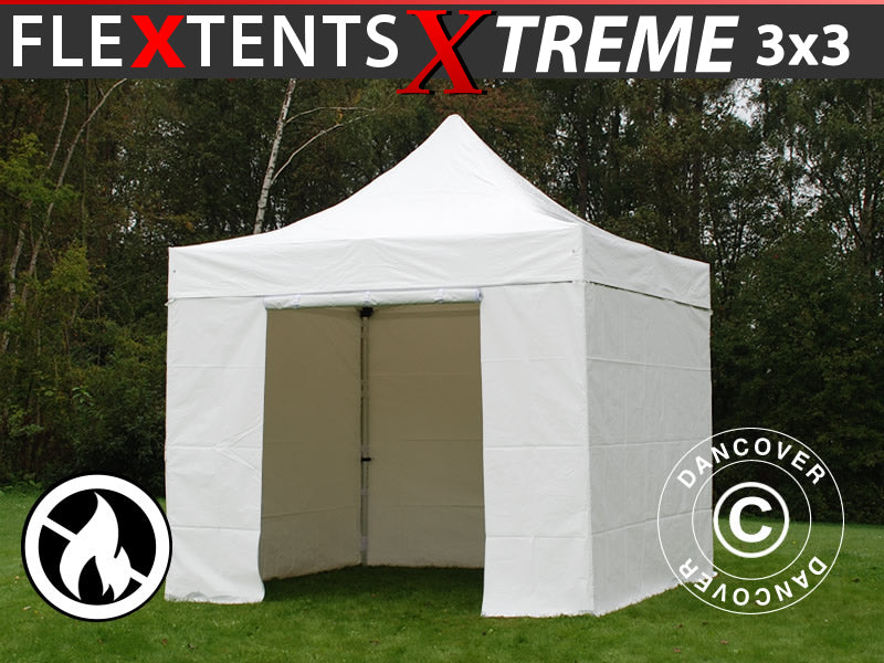 Foldetelt FleXtents Xtreme 50 Heavy Duty 3x3 m, Hvid inkl. 4 sider, Brandhæmmende