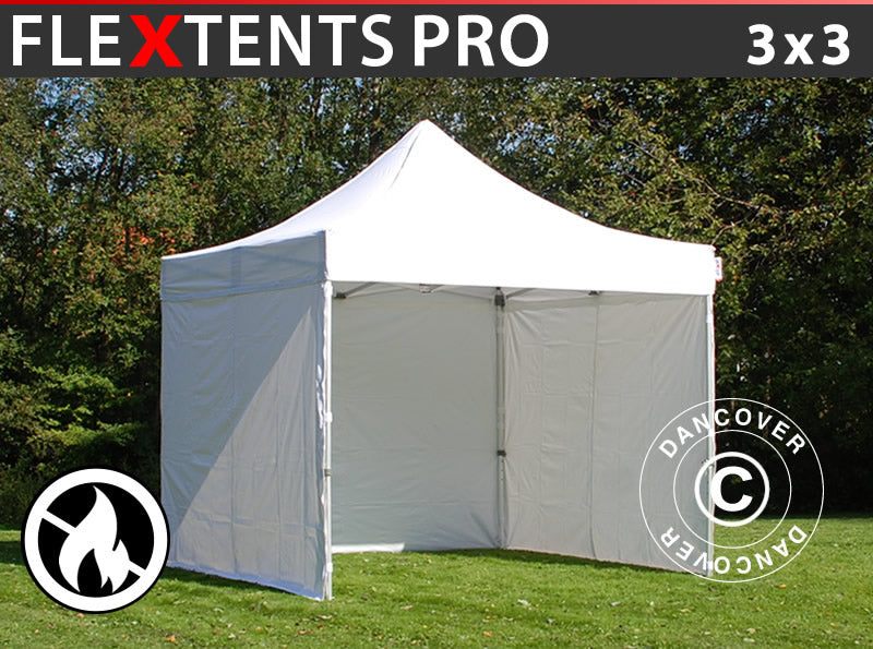 Foldetelt FleXtents PRO 3x3m Hvid, Brandhæmmende, inkl. 4 sider
