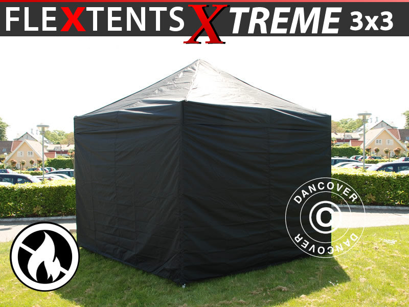 Foldetelt FleXtents Xtreme 50 3x3m Sort, Brandhæmmende, inkl. 4 sider