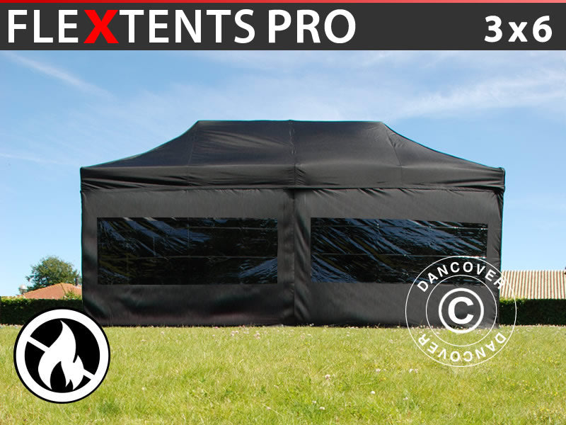 Foldetelt FleXtents PRO 3x6m Sort, Brandhæmmende, inkl. 6 sider