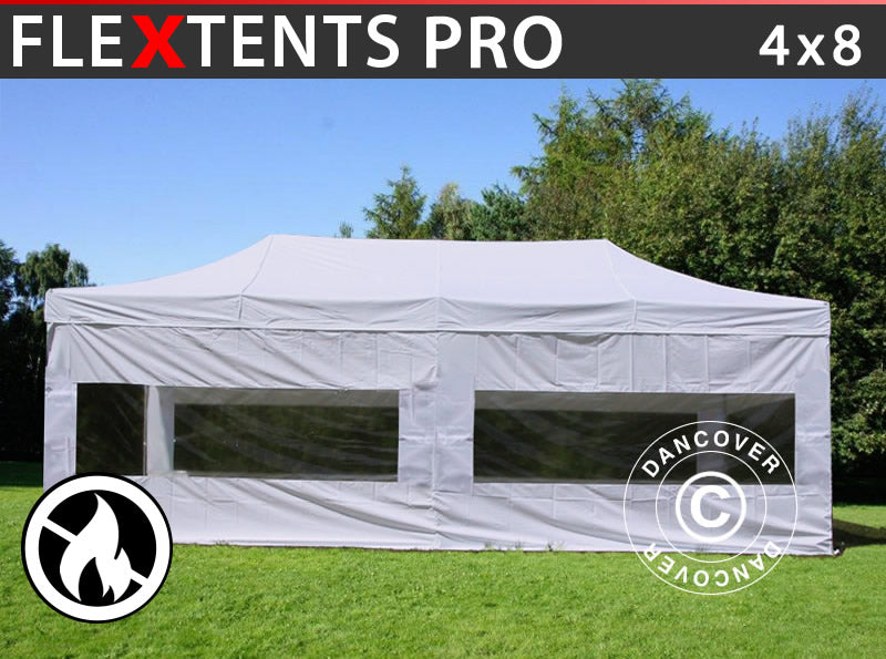 Foldetelt FleXtents PRO 4x8m Hvid, Brandhæmmende, inkl. 6 sider