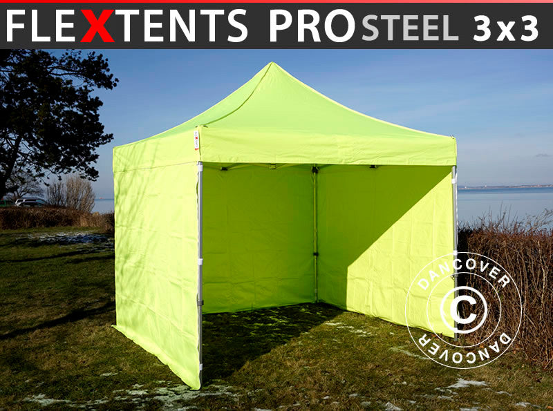 Foldetelt FleXtents PRO Steel 3x3m Neongul/grøn, inkl. 4 sider KUN 1 STK. TILBAGE