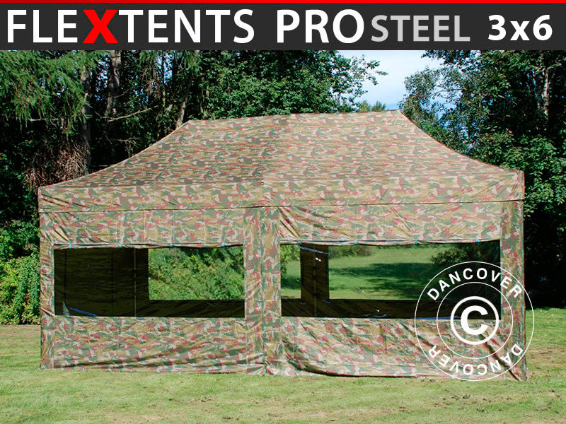 Foldetelt FleXtents PRO Steel 3x6m Camouflage/Militær, inkl. 6 sider