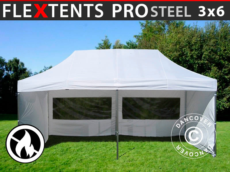 Foldetelt FleXtents PRO Steel 3x6m Hvid, Brandhæmmende, inkl. 6 sider