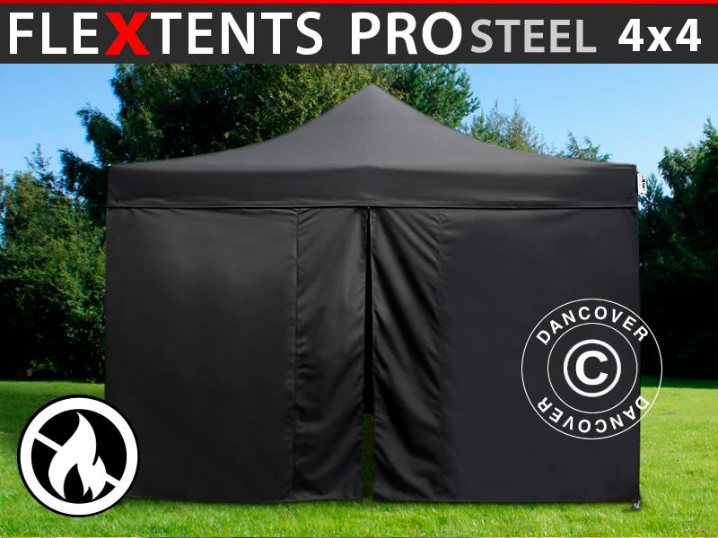 Foldetelt FleXtents PRO Steel 4x4m Sort, Brandhæmmende, inkl. 4 sider