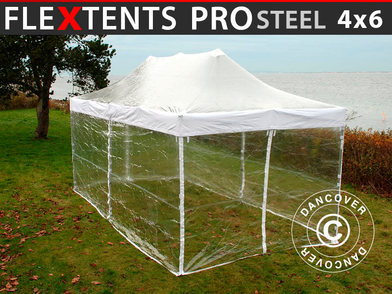 Foldetelt FleXtents PRO Steel 4x6m Transparent, inkl. 8 sider