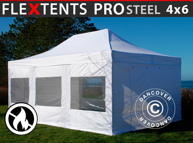 Foldetelt FleXtents PRO Steel 4x6m Hvid, Brandhæmmende, inkl. 8 sider