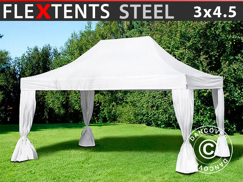 Foldetelt FleXtents Steel 3x4,5m, Hvid, inkl. 4 pyntegardiner