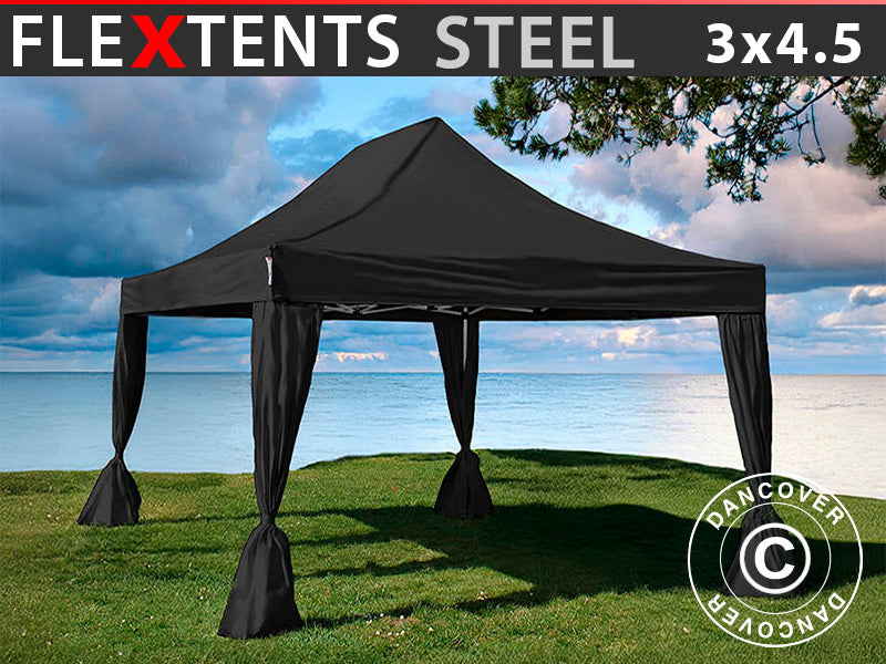 Foldetelt FleXtents Steel 3x4,5m, Sort, inkl. 4 pyntegardiner