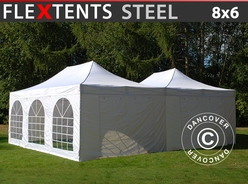 Foldetelt FleXtents Steel 8x6m Hvid, inkl. 8 sider