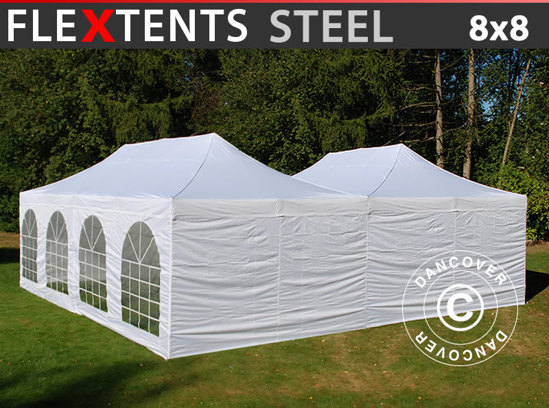 Foldetelt FleXtents Steel 8x8m Hvid, inkl. 8 sider