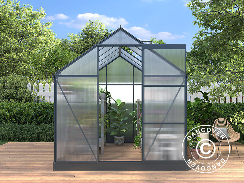 Drivhus Polycarbonat 5,89m², 1,9x3,1x2,05m m/sokkel, Sort
