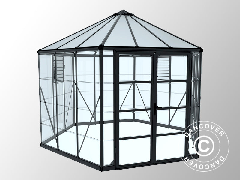 Orangeri, drivhus polycarbonat OASIS, Sekskantet 8,6m², Palram/Canopia, 3,16x3,63x2,89m, Antracit