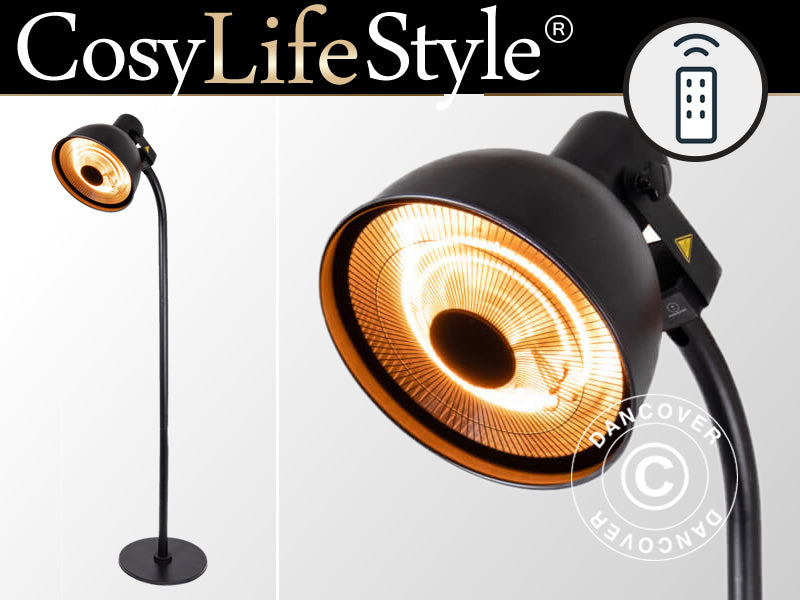Terrassevarmer SENSUI, fritstående m/fjernbetjening, halogen, 2000W, Sort