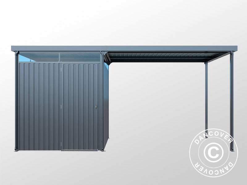 Redskabsskur m/ovenlys og udhæng, 4,9x2,45x2,26m, 12,0m², Antracit