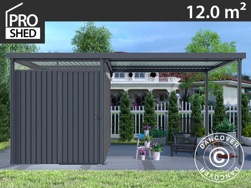 Redskabsskur m/ovenlys og udhæng, 4,9x2,45x2,26m, 12,0m², Antracit