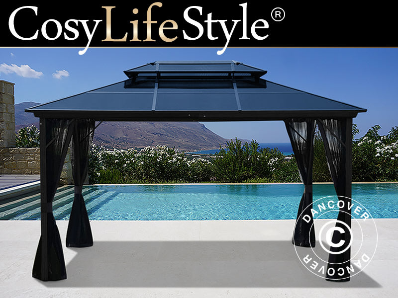 Pavillon Santa Ana m/sidevægge og myggenet, 3x4m, Sort