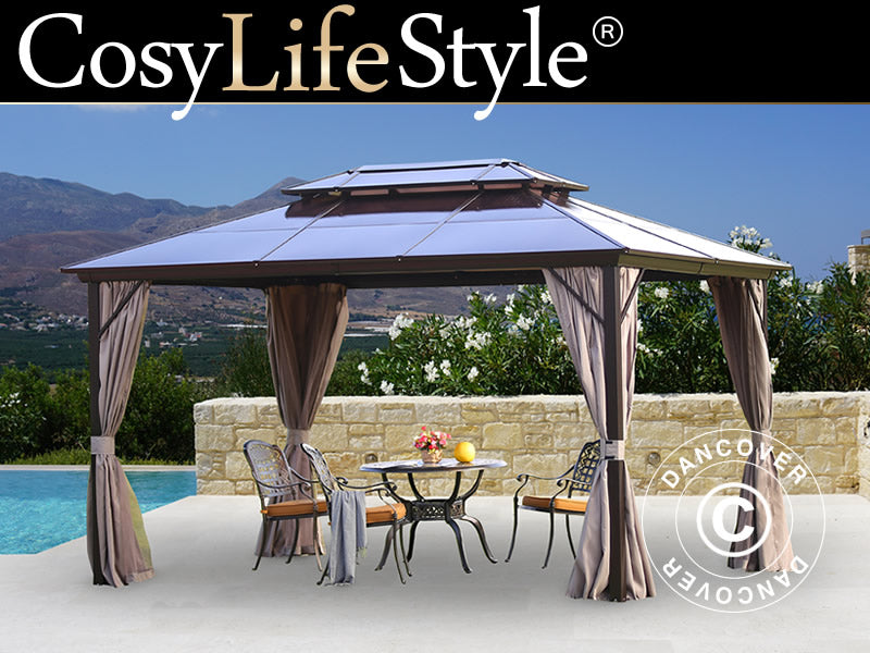 Pavillon Santa Ana Alu+ m/sidevægge og myggenet, 3x4m, Brun