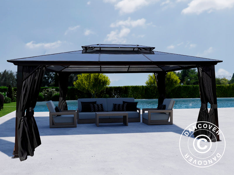 Pavillon Santa Ana Alu+ m/sidevægge og myggenet, 3,65x4,85m, Sort