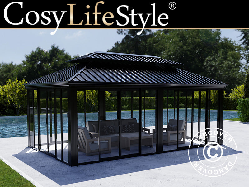 Pavillon Santa Fe Alu+ med sidevægge og skydedøre, 3,65x6m, Sort