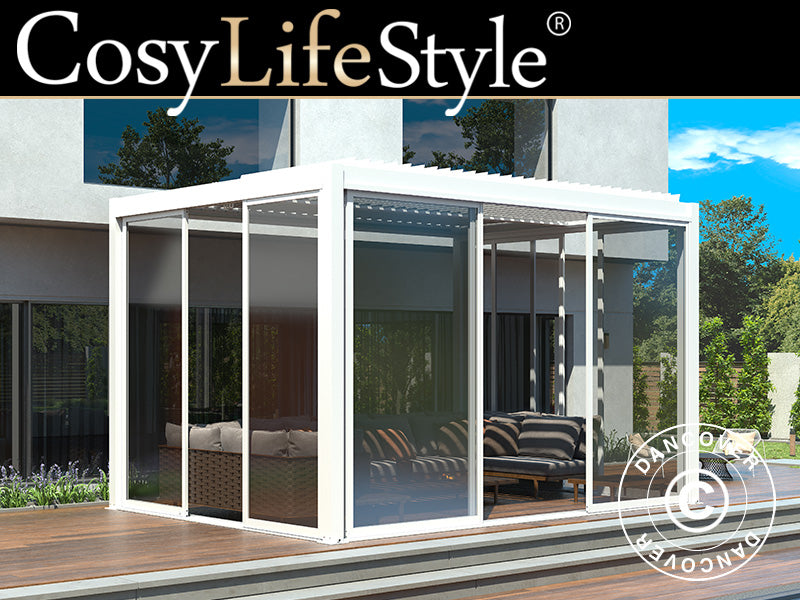 Bioklimatisk pergola pavillon San Pablo Alu+ med skydedøre, 3x4m, Hvid