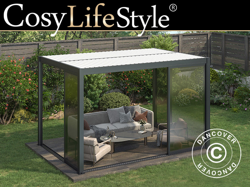 Bioklimatisk pergola pavillon San Pablo Alu+ med skydedøre, 3x4m, Sort/Hvid