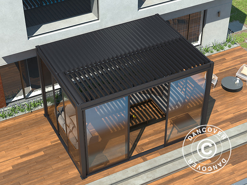 Bioklimatisk pergola pavillon San Pablo Alu+ med skydedøre, 4x4m, Sort