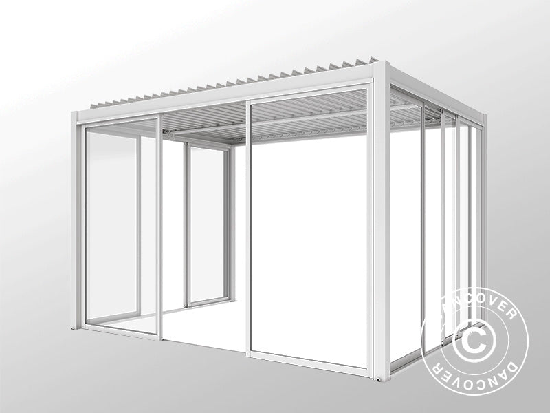 Bioklimatisk pergola pavillon San Pablo Alu+ med skydedøre, 4x4m, Hvid