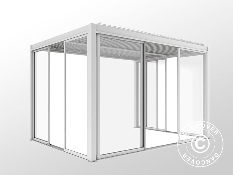 Bioklimatisk pergola pavillon San Pablo Alu+ med skydedøre, 4x4m, Hvid