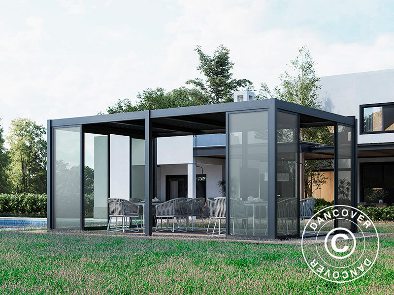 Bioklimatisk pergola pavillon San Pablo Alu+ med skydedøre, 3x5,8m, Sort