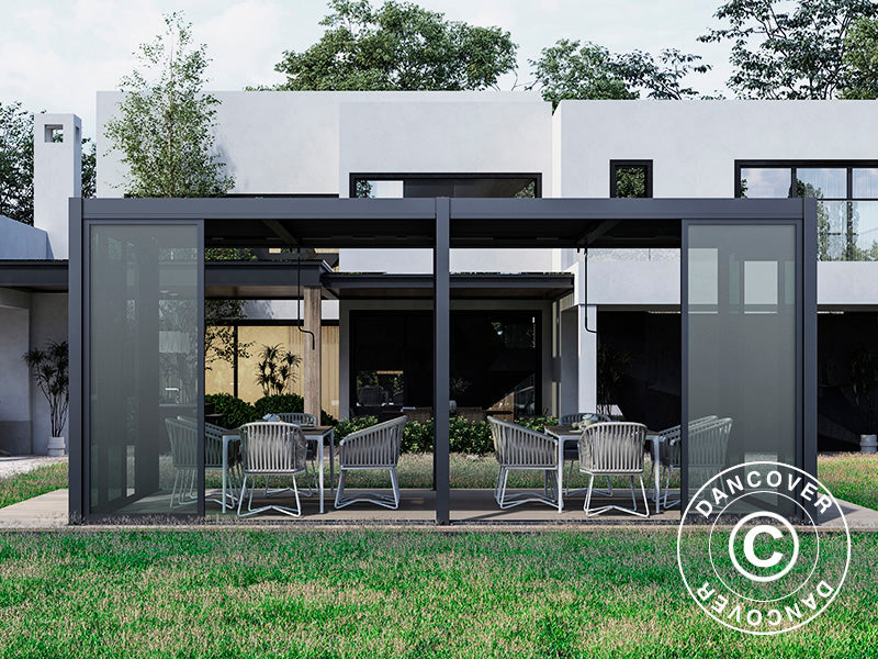 Bioklimatisk pergola pavillon San Pablo Alu+ med skydedøre, 3x5,8m, Sort