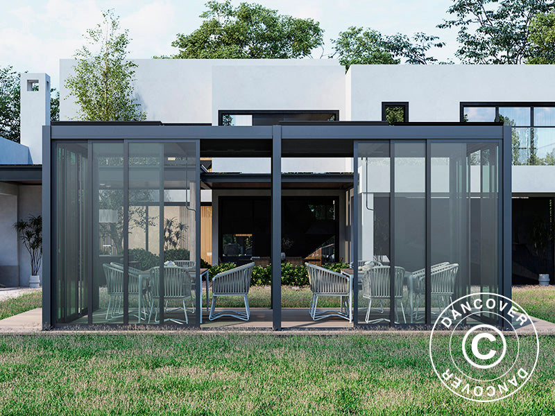 Bioklimatisk pergola pavillon San Pablo Alu+ med skydedøre, 4x5,8m, Sort