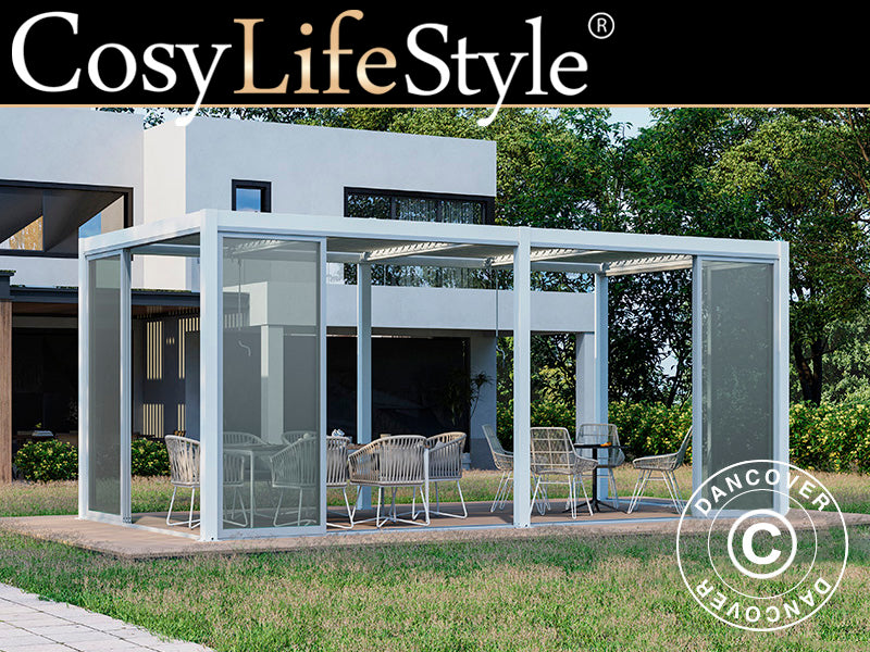 Bioklimatisk pergola pavillon San Pablo Alu+ med skydedøre, 4x5,8m, Hvid