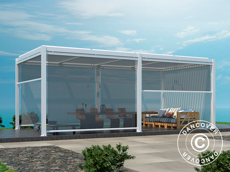 Bioklimatisk pergola pavillon San Pablo Alu+, 3x5,8m, inkl. 6 sidevægge, Hvid