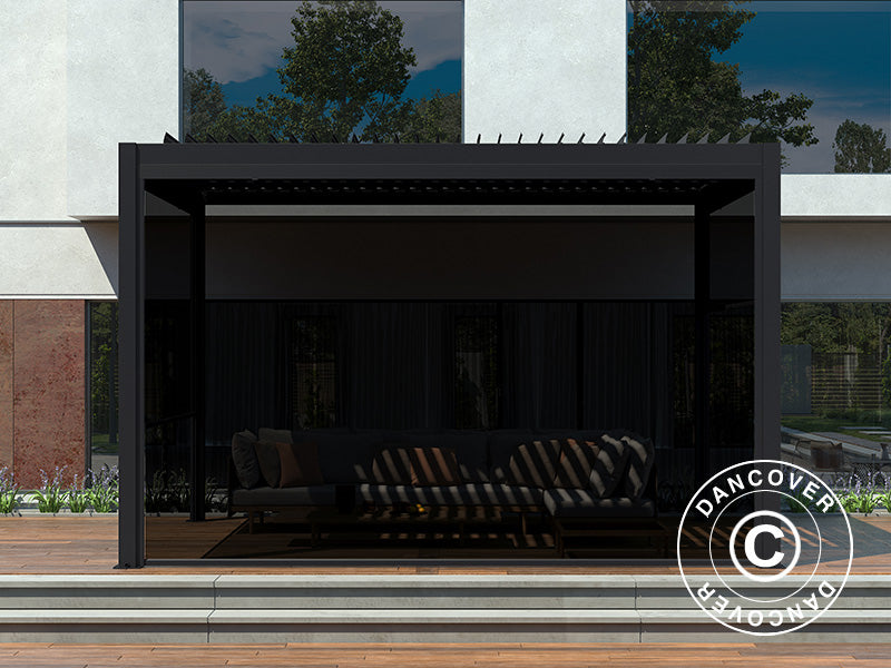 Bioklimatisk pergola-pavillon San Pablo Alu+, 4x4m, inkl. 4 sidevægge, Sort