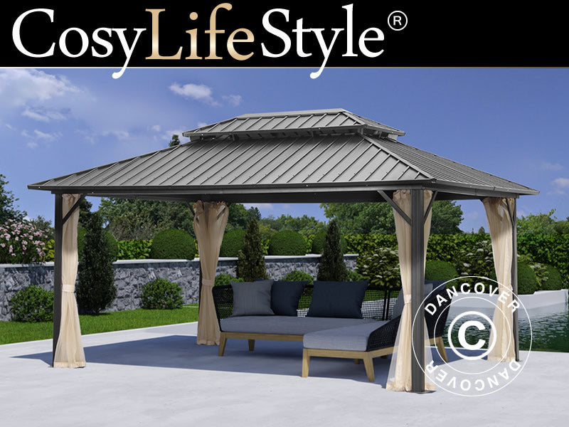 Pavillon San Francisco m/sidevægge og myggenet, 3,65x4,85m, Sort/Natur