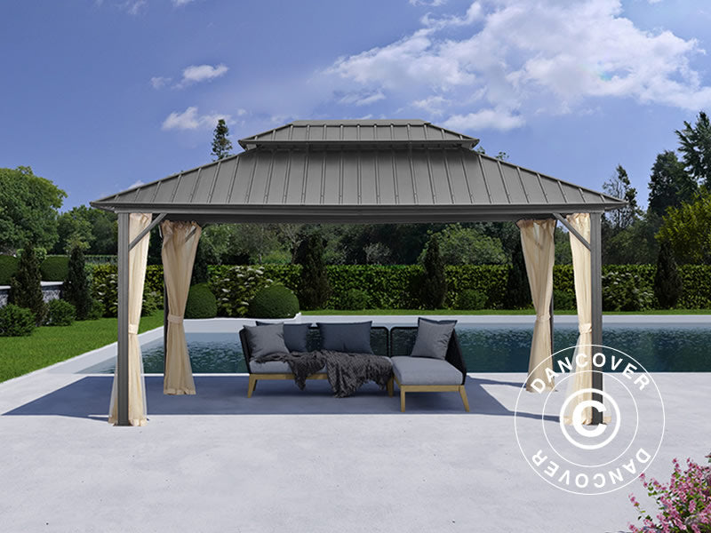 Pavillon San Francisco m/sidevægge og myggenet, 3,65x4,85m, Sort/Natur