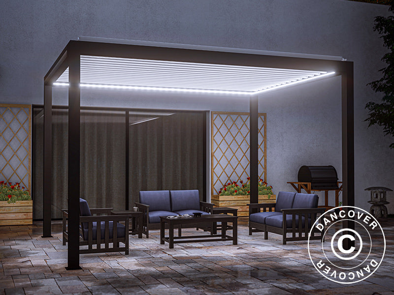 Bioklimatisk pergola pavillon Génova m/LED-Lys, 4x3m, Antracit/Hvid