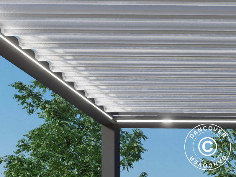 Bioklimatisk pergola pavillon Génova m/LED-Lys, 4x3m, Antracit/Hvid