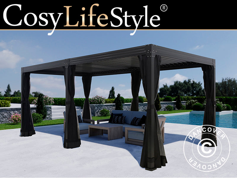 Bioklimatisk pergola pavillon Monterey, 3x6m, m/sidevægge og myggenet, Sort