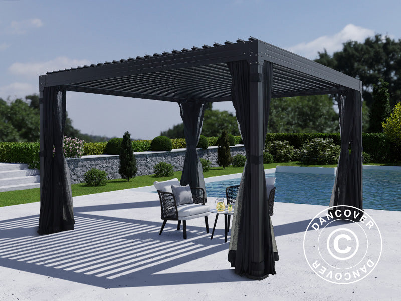 Bioklimatisk pergola pavillon Monterey, 4x4m, m/sidevægge og myggenet, Sort
