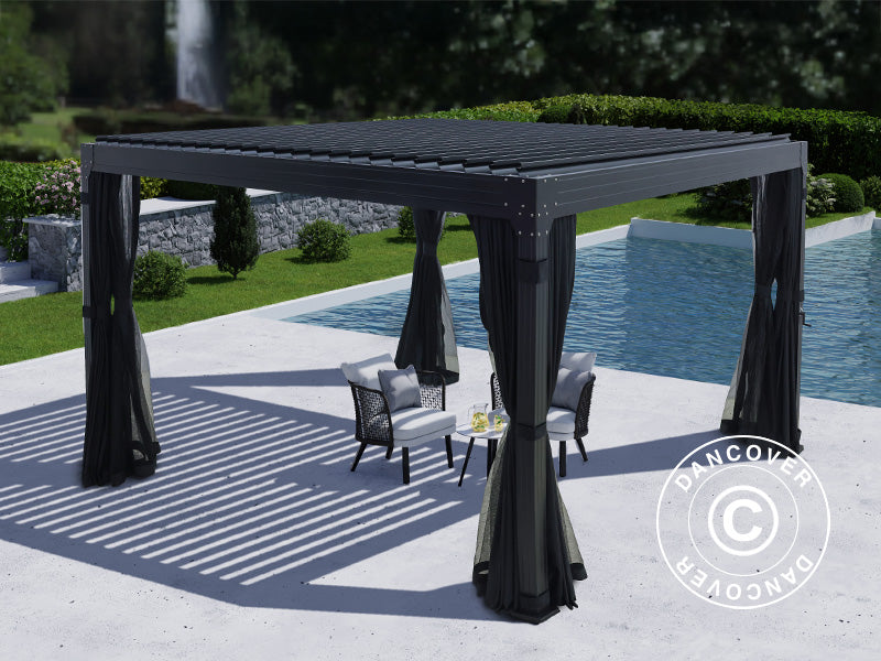 Bioklimatisk pergola pavillon Monterey, 4x4m, m/sidevægge og myggenet, Sort