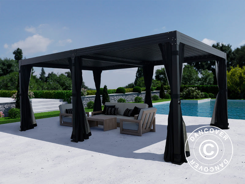 Bioklimatisk pergola pavillon Monterey, 4x6m, m/sidevægge og myggenet, Sort