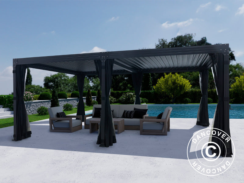 Bioklimatisk pergola pavillon Monterey, 4x6m, m/sidevægge og myggenet, Sort