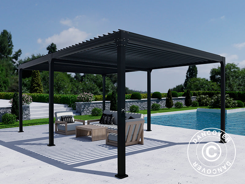 Bioklimatisk pergola pavillon Monterey, 4x6m, m/sidevægge og myggenet, Sort