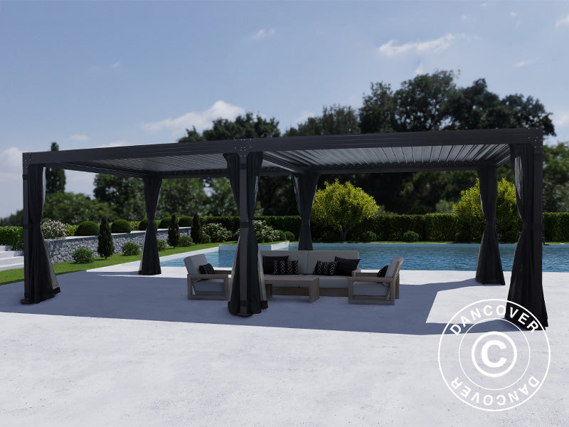 Bioklimatisk pergola pavillon Monterey, 4x8m, m/sidevægge og myggenet, Sort