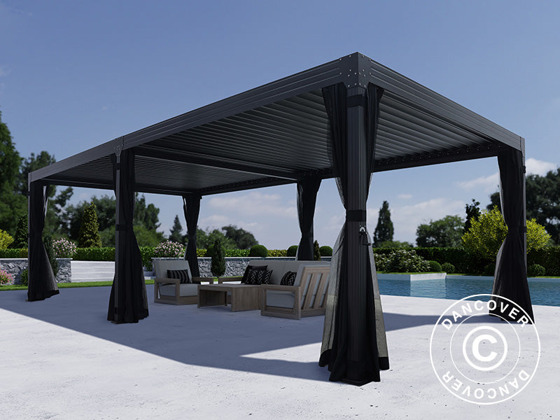 Bioklimatisk pergola pavillon Monterey, 4x8m, m/sidevægge og myggenet, Sort